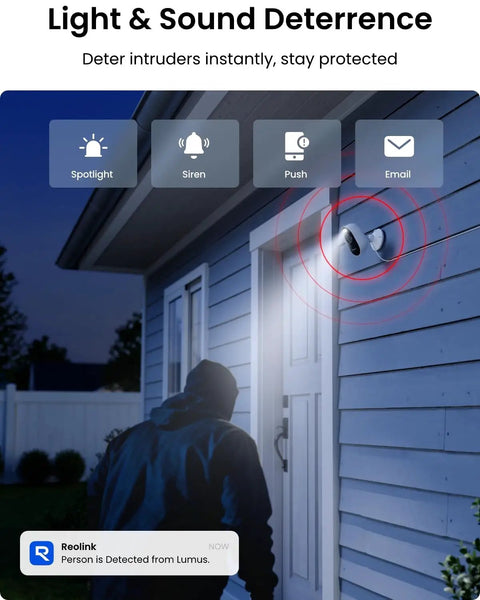 Lumus 2K Wireless Outdoor Security Camera With Spotlight on house facade detecting person at night for home surveillance