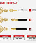RX WELD argon regulator connections: three brass fittings with black hoses (hose barb; 5/8-18 RH; 9/16-18 RH)