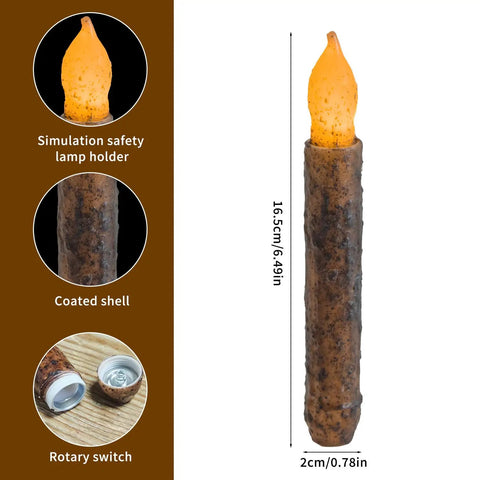 Image of a Real Wax Taper Flameless Candles Six Pack Battery Operated With Flickering Warm Glow For Dining Table Window Sill And Homey Country Room Decor 6.5 Inch Dripless No Timer, showing candle details and dimensions.