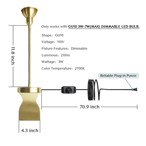 Dimensions and specs of No Drill Headboard Reading Light With Dimmable LED, Gold Finish, Movable Flexible Arm Clip Between Wall And Headboard For Bedtime Reading