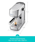 Front view of Essential Espresso Machine With 20 Bar Pressure, Stainless Steel Build, Milk Frother for Home Use, Sleek Silver Coffee Maker