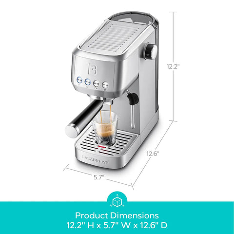 Front view of Essential Espresso Machine With 20 Bar Pressure, Stainless Steel Build, Milk Frother for Home Use, Sleek Silver Coffee Maker