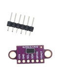 Top Shelf Vl530x Time Of Flight Laser Range Finder Breakout Module Purple Pcb Board I2c Interface next to 6-pin header jumper