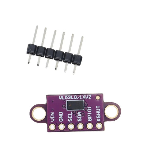 Top Shelf Vl530x Time Of Flight Laser Range Finder Breakout Module Purple Pcb Board I2c Interface next to 6-pin header jumper