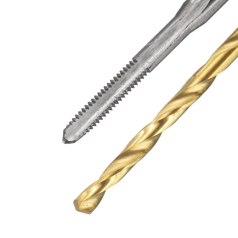 Close-up of Tap And Drill Bit Set 2-56 UNC Right Hand Screw Tap and 1.8mm Drill Bit HSS 6542 Titanium Coated for Small DIY Projects.