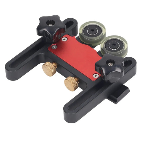 Adjustable Table Saw Featherboard With Smooth Rolling Wheels For Woodworking Safety And Precise Cutting Tight Grip That Locks Boards Straight Real Stability For Carpentry And Diy Builds On The Regular, top view showing PU wheels and adjustable knobs.