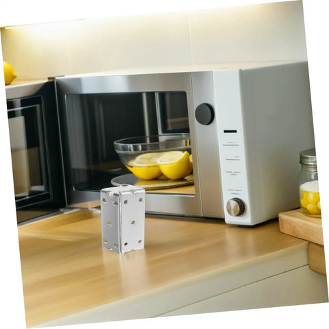 Heavy Duty Steel U Shaped Mounting Braces For Commercial Ovens And Cabinetry against a kitchen backdrop near a microwave.