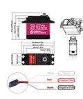 Diagram of Two Pack 30Kg Digital RC Servo With Full Metal Gear Waterproof, 270 Degree Steering, dimensions and wiring details.