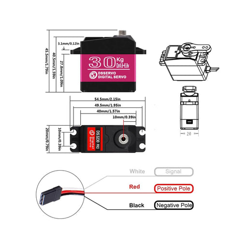 Diagram of Two Pack 30Kg Digital RC Servo With Full Metal Gear Waterproof, 270 Degree Steering, dimensions and wiring details.