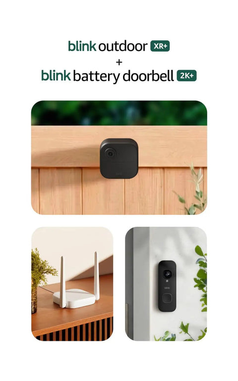Top Tier Wireless Outdoor Security Kit With Four Super Clear Cameras Plus A 2K Battery Video Doorbell on fence and door.