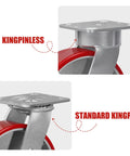 Comparison of kingpinless and standard kingpin casters with heavy duty construction for industrial use.