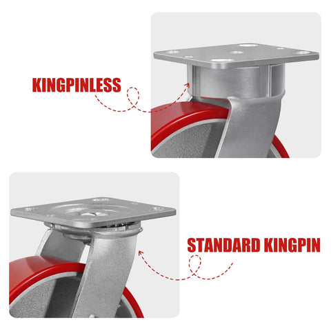 Comparison of kingpinless and standard kingpin casters with heavy duty construction for industrial use.