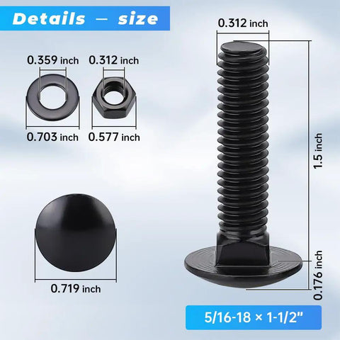 20 Piece Top Notch Carriage Bolt Kit With Hex Nuts And Flat Washers 5 16 by 1 1 2 304 Stainless Steel Black Coated Square Neck Fasteners size details