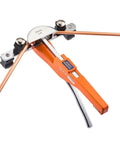 VEVOR Ratcheting Tubing Bender Kit For 1/4 To 7/8 Inch With 7 Aluminum Dies Perfect For Copper And HVAC Repair Smooth Accurate Bends No Wrinkling Compact Hand Pipe Tool For Pro Grade Jobs showing a close-up of the bender with copper tubes.