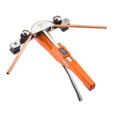 VEVOR Ratcheting Tubing Bender Kit For 1/4 To 7/8 Inch With 7 Aluminum Dies Perfect For Copper And HVAC Repair Smooth Accurate Bends No Wrinkling Compact Hand Pipe Tool For Pro Grade Jobs showing a close-up of the bender with copper tubes.