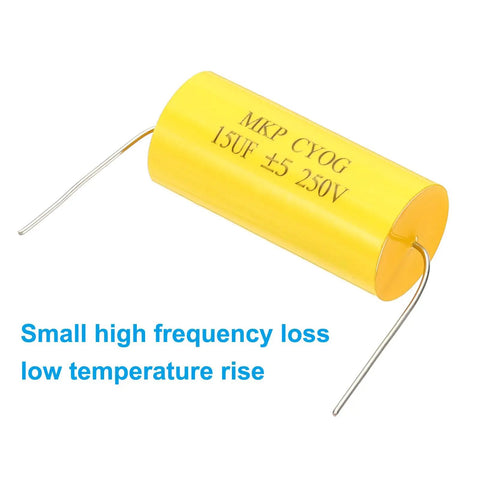 15uF 250V Axial Film Capacitor MKP CBB20 For Audio Crossover And Speaker Systems Yellow Step Less Film Capacitor Self Healing Pro Grade Quality High Stability 2 Pin Lead 34mm Long, yellow axial capacitor