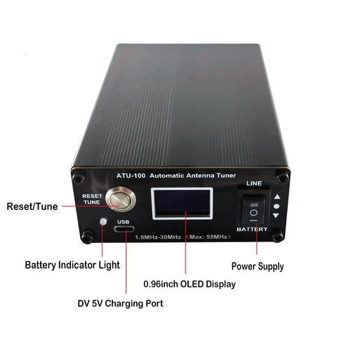 Automatic Antenna Tuner For Ham Radio With Fast Auto-Tune Across 1.8 To 55 MHz Low SWR 5000mAh Battery OLED Display A/M Switch Ultra Handy Portable Field Ready For POTA SOTA, front view with display and controls visible