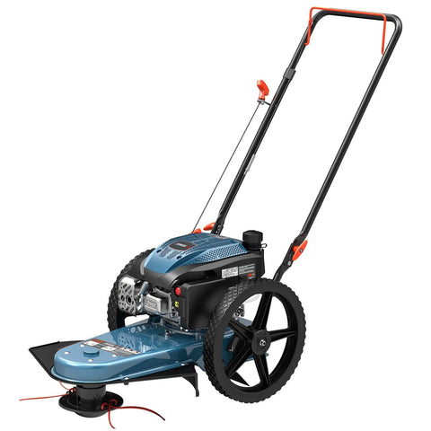 22 Inch Gas Walk Behind Brush Cutter And String Trimmer With 160cc 4 Cycle Engine Heavy Duty.155 Inch Line Steel Deck 14 Inch Rubber High Wheels Adjustable Cutting Height For Quick Clearing Of Dense Brush