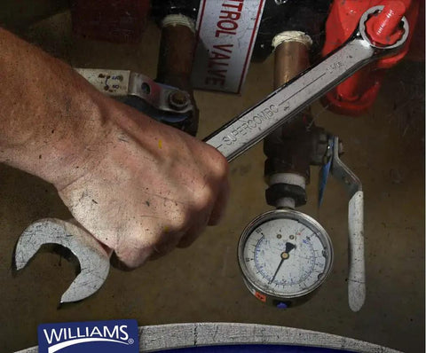 Using a Seven Piece SAE Wrench Set With Open End Grooves For Corner Protection on a control valve, showing hand grip and tool application.