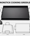 Preseasoned Cast Iron Griddle 25x16 Inch for Gas and Charcoal Grills, with handles, grease groove, and high sidewalls shown in diagram.