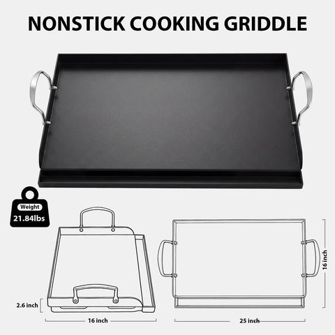 Preseasoned Cast Iron Griddle 25x16 Inch for Gas and Charcoal Grills, with handles, grease groove, and high sidewalls shown in diagram.