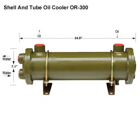 Shell And Tube Oil Cooler Heavy Duty For Industrial Hydraulic Injection Mold Machines Copper Tube Water Cooled Heat Exchanger With Three Quarter Inch Ports 300 Liter Capacity Or 300 Model