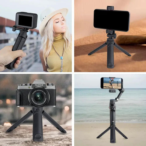 Pocket Sized 2 In 1 Mini Tripod Desk Stand And Handheld Grip, Ultra Lightweight 2 Oz, holding camera and smartphone