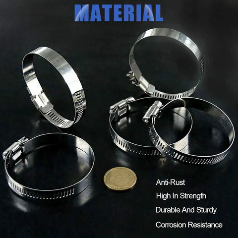 Five Twenty Pack 304 Stainless Steel Adjustable Hose Clamps 46 To 70 MM Range with coin for size comparison.