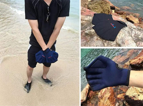Person wearing Webbed Swim Gloves For Water Training Neoprene Paddling Gloves With Adjustable Velcro Wrist Resistance Boost on beach.