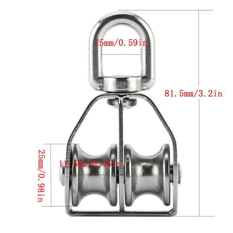 M25 Double Pulley Block Kit With 2 M8 Carabiners, 304 stainless steel swivel pulley front view with measurements for lifting tasks