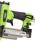 Top Tier 23 Gauge Headless Pin Nailer With Auto Lock Out And Adjustable Edge Guide profile showing green all metal body and magazine.