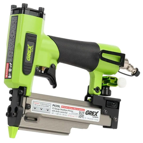 Top Tier 23 Gauge Headless Pin Nailer With Auto Lock Out And Adjustable Edge Guide profile showing green all metal body and magazine.