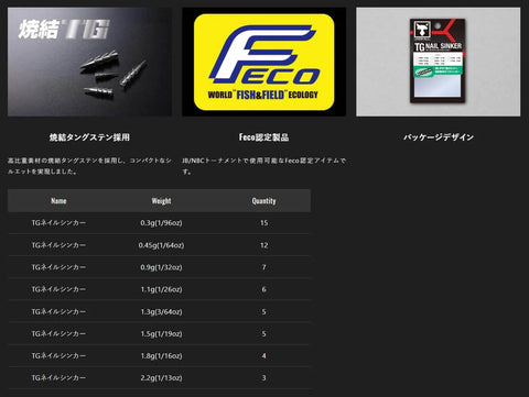 TG Nail Sinker 0.3g Tungsten Nail Sinker Series For Worms 15 Pc Pack Feco Certified 2025 New Packaging shown with product details.