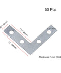 Snag This Heavy Duty 50 Pack Of L Shaped Corner Braces With Four Reliable Screw Holes For Quick Furniture Fixes And Rugged Woodshop Builds Measuring 1.5 Inches Wide In Tough Silver Steel Ready To Handle Any Weekend Project Stress Free, showing dimensions.