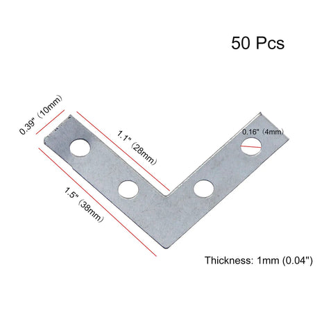Snag This Heavy Duty 50 Pack Of L Shaped Corner Braces With Four Reliable Screw Holes For Quick Furniture Fixes And Rugged Woodshop Builds Measuring 1.5 Inches Wide In Tough Silver Steel Ready To Handle Any Weekend Project Stress Free, showing dimensions.