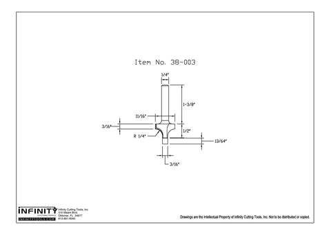 Technical drawing of 1/4 Inch Shank Roundover And Beading Router Bit With 11/16 Inch Cutting Diameter And 1/2 Inch Cutting Height, 1/4 Inch Radius Carbide Tip Heavy Duty For Handheld Or Table Mounted Wood Routers.
