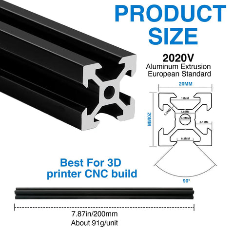 Four Piece 400mm European Standard Anodized Aluminum Extrusion Profile for Linear Rails, 2020V size diagram and dimensions shown