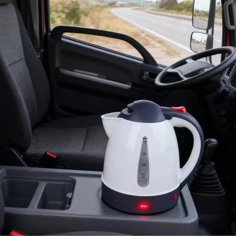 12V Car Electric Kettle With Auto Shut Off Portable Water Heater For Long Distance Runs And Weekend Getaways on vehicle center console.