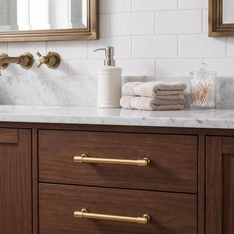 Top Tier Brushed Brass Cabinet Pulls 10 Pack Featuring 96MM Hole Spacing on wooden bathroom drawer with marble countertop.