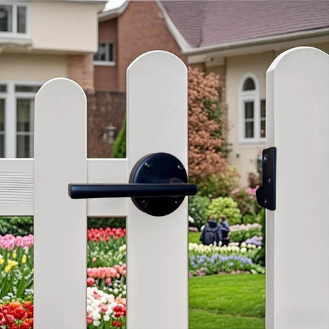 Double Sided Gate Latch for Wooden Fence And Wood Gate Heavy Duty Swinging Door Latch installed on white fence near garden