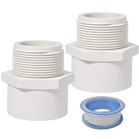 Two Pack One And A Half Inch PVC Male Thread Fittings With Slip Socket Two Way Pipe Couplers For Schedule Forty PVC White Includes Four Meter Seal Tape
