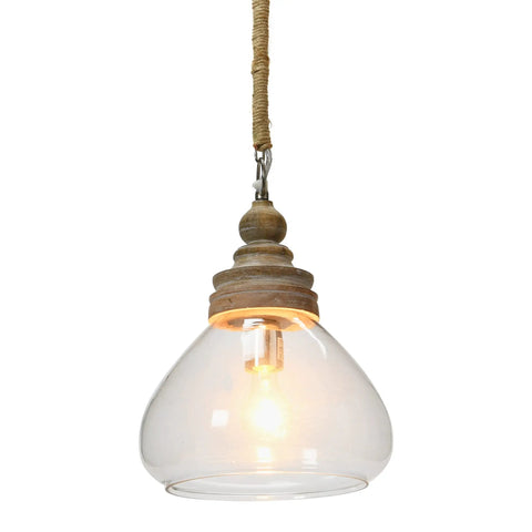 Glass and Mango Wood Ceiling Pendant Light With Distressed Brown Canopy And Jute Wrapped Cord, 112 Inch Chain