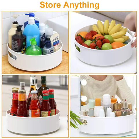 360 Degree Rotating Lazy Susan Turntables Two Size Pack 9 Inch And 12 Inch, holding assorted kitchen and bathroom items.