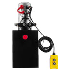 Beefy Truck-Grade 8 Quart Hydraulic Power Unit With Dual Acting Dump Trailer Pump, 12V DC Motor, Steel Reservoir, Front View