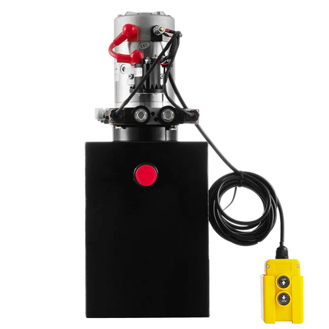 Beefy Truck-Grade 8 Quart Hydraulic Power Unit With Dual Acting Dump Trailer Pump, 12V DC Motor, Steel Reservoir, Front View