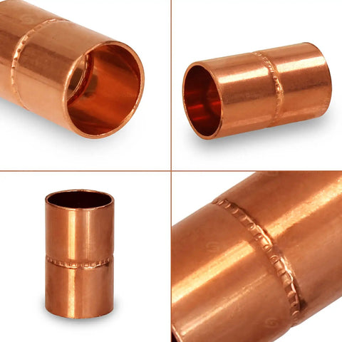 Solid Two Point Five Inch Straight Copper Coupling With Sweat Ends And Rolled Tube Stop showing detailed views and connections.