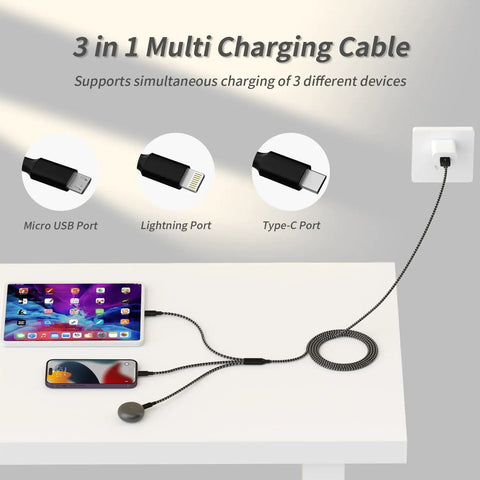 All In One 3 Port USB Charging Cable Kit for Type C Micro USB and Lightning Devices charging tablet and phone