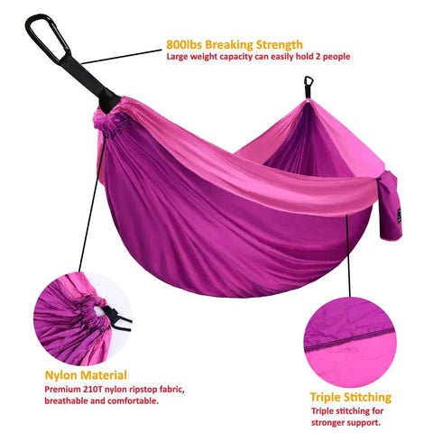 Double Camping Hammock With Ropes For Two People, Ultra Lightweight Portable Gear, 500 Lb Capacity, 210T Nylon Parachute Fabric, Fuchsia Pink