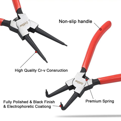 4 Piece Snap Ring Pliers Set With Internal And External Circlip Pliers For Removing And Installing Retaining Rings Heavy Duty Carbon Steel Pro Grade Tool Kit 7 Inch Pliers With Comfort Grip showing non-slip handle and black finish.