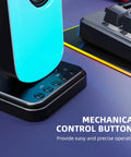 Close-up of Desktop Computer Speaker Set With 20W HiFi Stereo Sound buttons next to a keyboard on a vibrant RGB-lit surface.